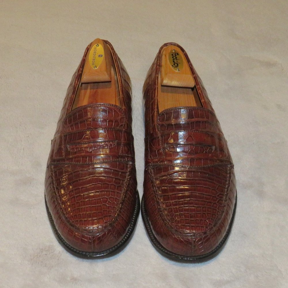 J.M. Weston 180 Brown Crocodile Belly Loafers 9E